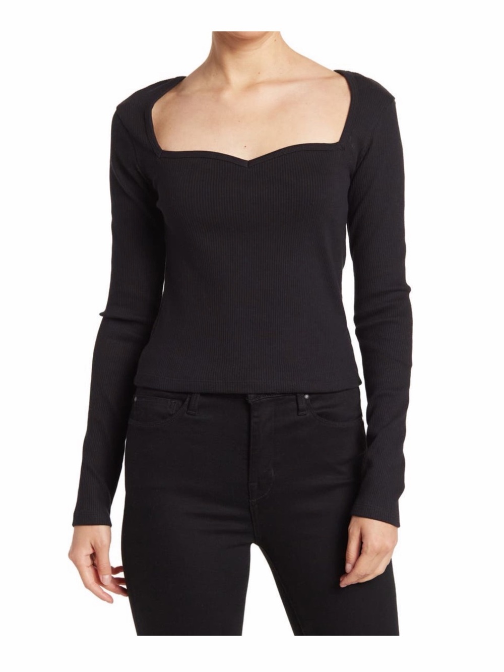 RDI Black Ribbed Long-Sleeve Square-Neck Top